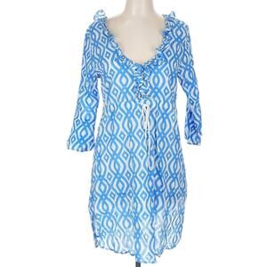 Mud Pie Blue Coverup Tunic Dress Blue and White Geometric Print Size Large